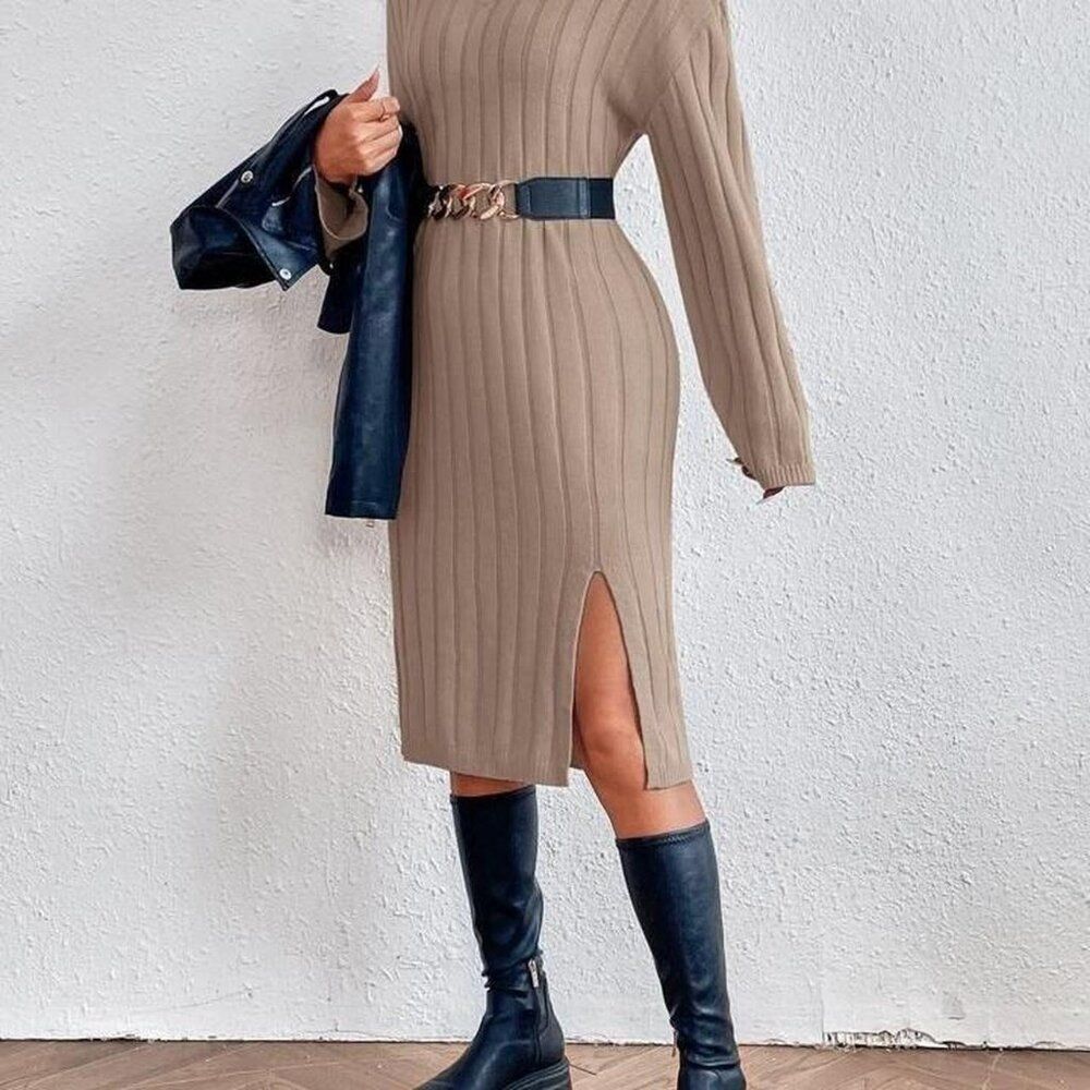 NWT Shein Frenchy Tan Split Hem Midi Dress Size Medium